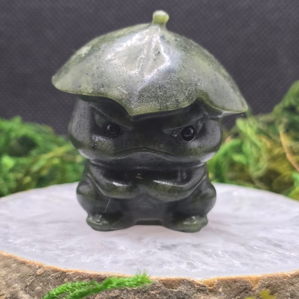 Nephrite Jade Frog 2" Crystal Carving Lily Pad Hat Cute Animal Figurine